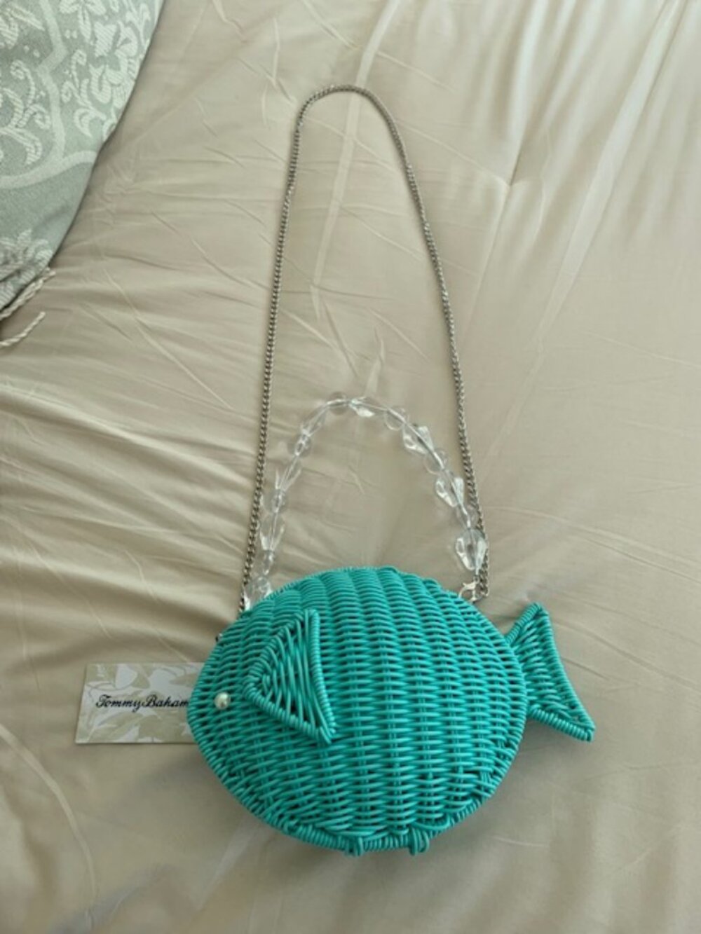 Tommy Bahama Turquoise Wicker Fish Bag NWT